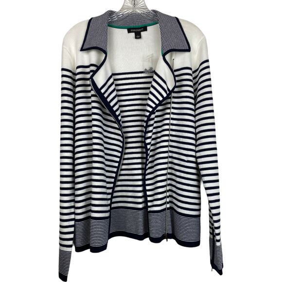 FOXCROFT Cardigan L 100% Cotton Navy White Striped Zip Front Coastal Beachy - Picture 6 of 11